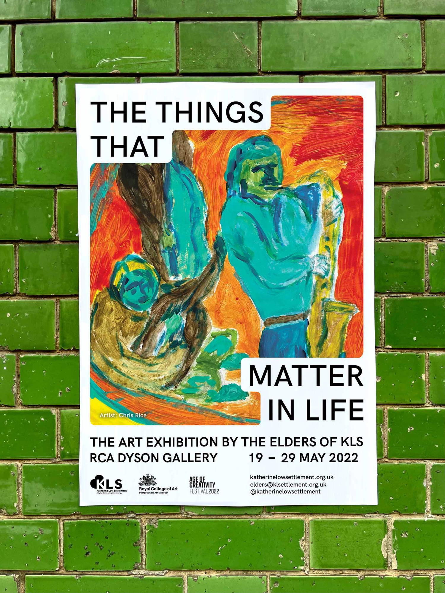Exhibition poster with colorful drawings and black and white typography on green brick wall