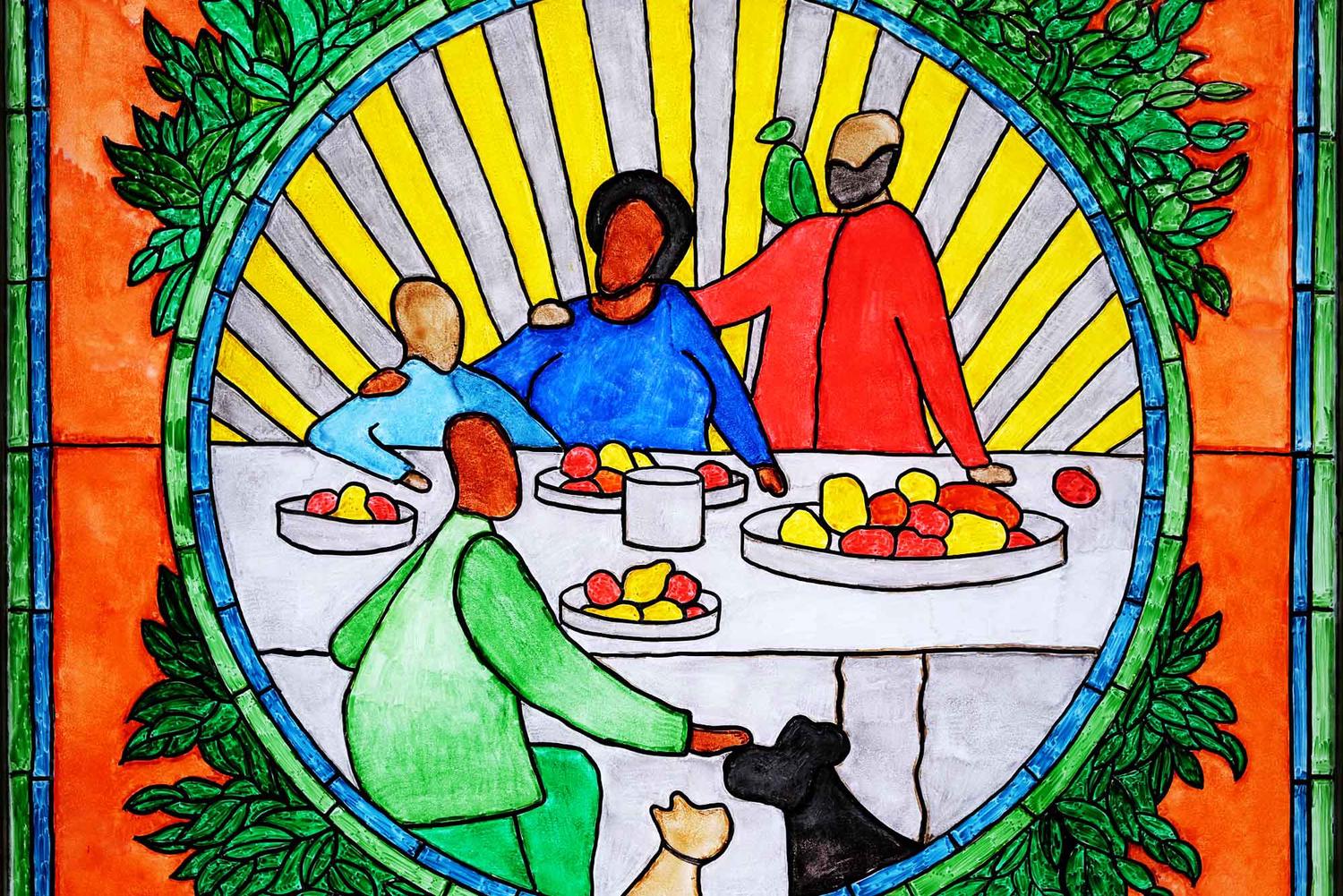 Orange panel detail: family around a table with fruits