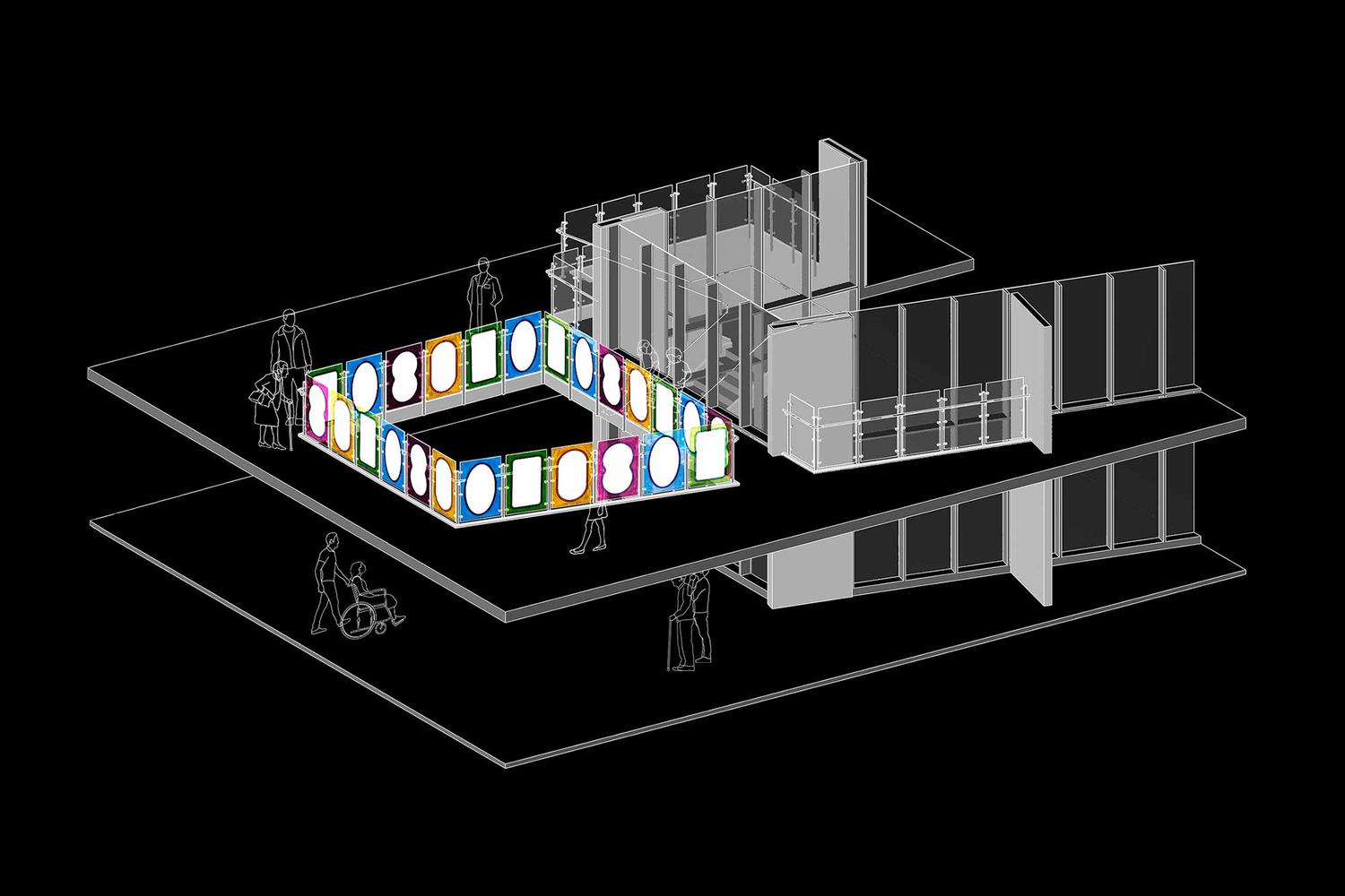 Black and white architectural isometric diagram of colorful panels on a balaustrade